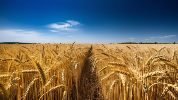 Paisagem com campo de trigo dourado e dia ensolarado sob céu azul campo rural generativo AI