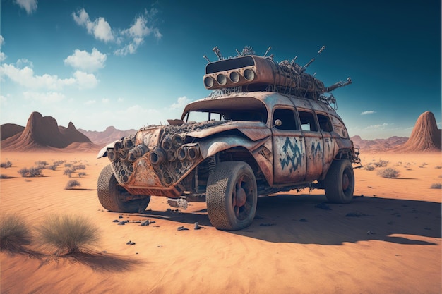 Paisagem com carro personalizado deteriorado e enferrujado no estilo mad max do deserto Generative AI