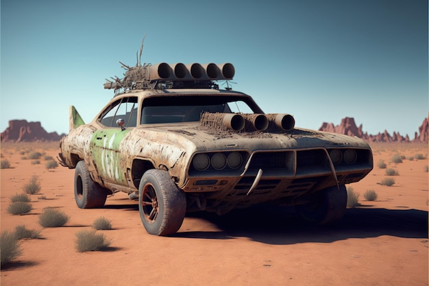 Foto paisagem com carro personalizado deteriorado e enferrujado no estilo mad max do deserto generative ai