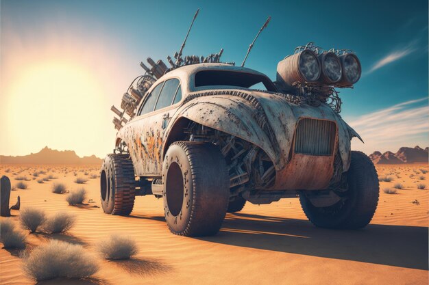 Paisagem com carro personalizado deteriorado e enferrujado no estilo mad max do deserto Generative AI