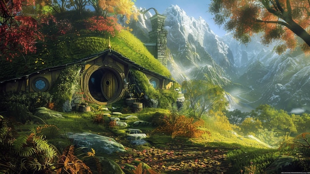 Foto paisagem com casa de hobbits no conceito de fantasia e ficção do condado