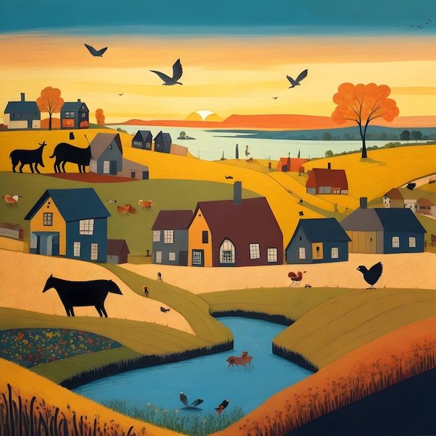 paisagem com casas campo nascer do sol rio animais pássaros carros e pessoas renderizados em arte estilo Brut