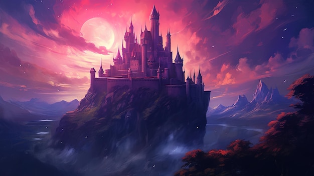 Paisagem com castelo de fantasia e lua Ilustração com fundo de desenho animado do reino do castelo mágico