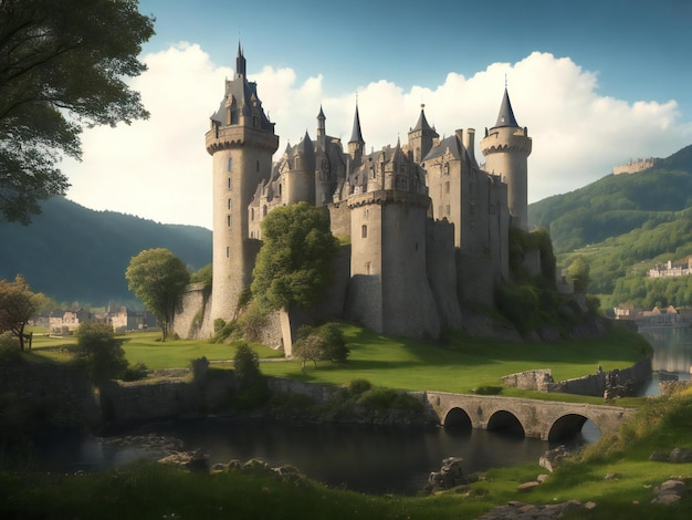 Paisagem com castelo medieval e taverna gerada por ai