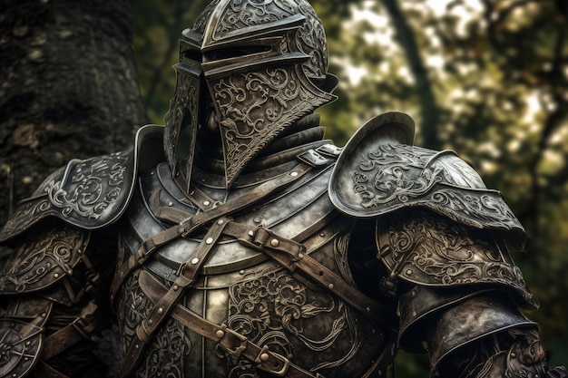 Paisagem com cavaleiro medieval na história da armadura e conceito de fantasia Generative AI
