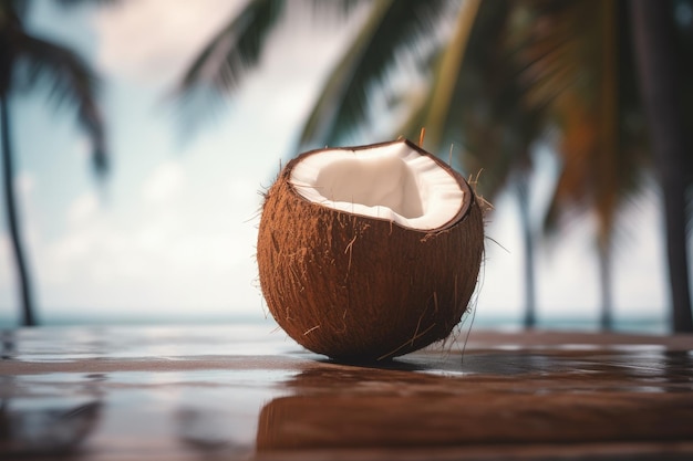 Paisagem com coco em uma mesa coqueiros e praia ao fundo Generative AI