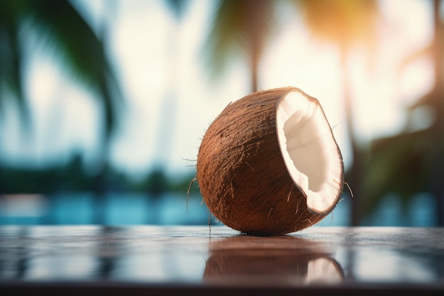 Paisagem com coco em uma mesa coqueiros e praia ao fundo Generative AI