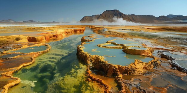 paisagem com coloridas fontes hidrotermais em uma área vulcânica