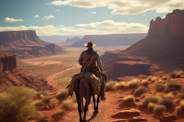 Paisagem com cowboy em desfiladeiros de cavalos no conceito de velho oeste de fundo IA generativa