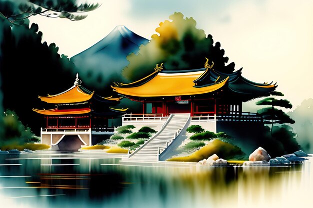 Paisagem com design de estilo chinês e japonês em aquarela