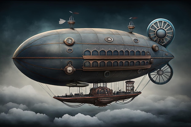 Paisagem com dirigível no céu com nuvens estilo steampunk Generative AI