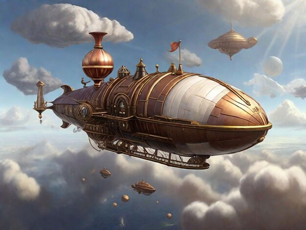 Paisagem com dirigível no céu com nuvens estilo steampunk