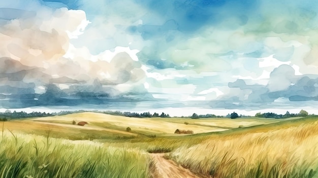 Paisagem com estrada de prado e nuvens Pintura digital