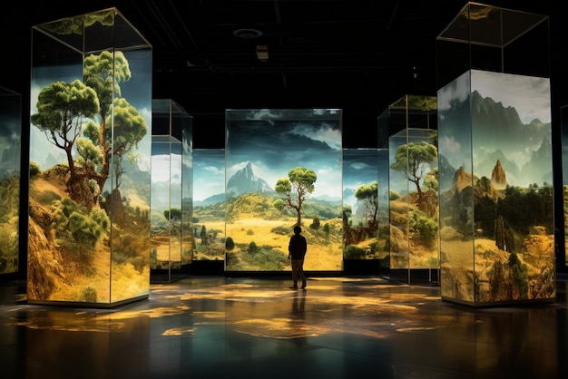 Foto paisagem com exibições holográficas e interfaces interativas representando um mundo movido por recortes