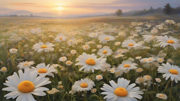 paisagem com extensos campos de margaridas banhados na suave luz do amanhecer