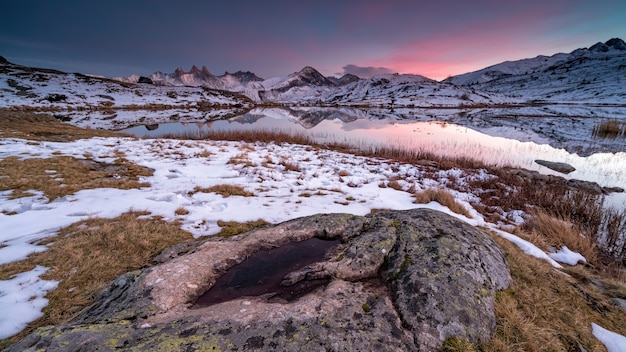 Paisagem com flores em primeiro plano e montanhas Croix de Fer em segundo plano nos Alpes franceses