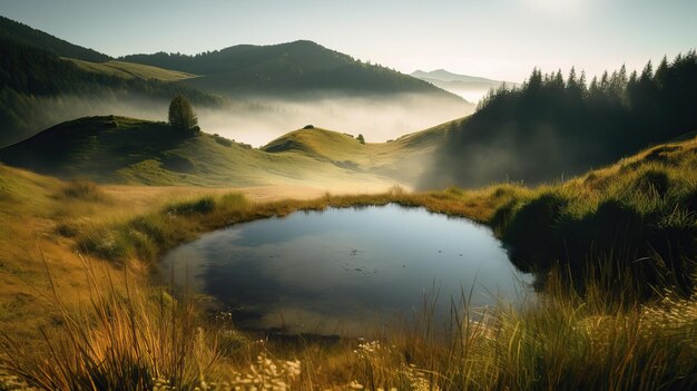 Paisagem com floresta de montanhas e um belo cenário de rio IA generativa