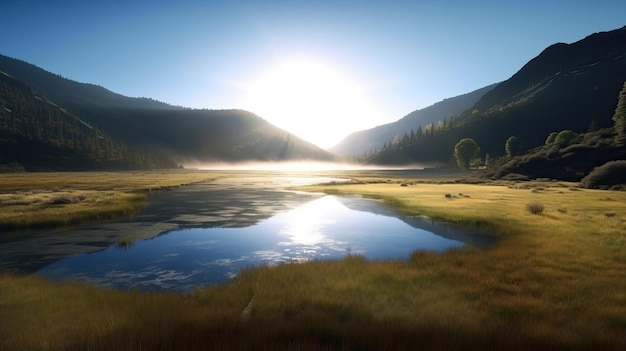 Paisagem com floresta de montanhas e um belo cenário de rio IA generativa