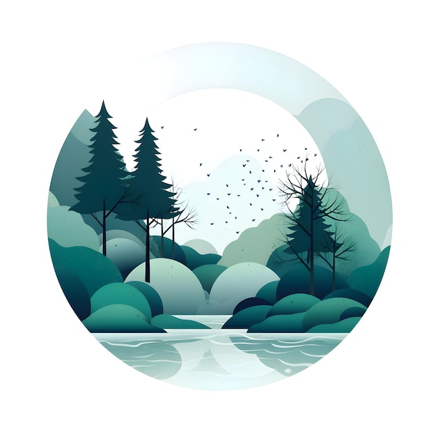 Paisagem com floresta fluvial e ilustração vetorial da lua para o seu design