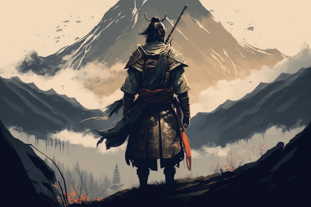 Paisagem com guerreiro samurai das montanhas traseiras ao fundo Generative AI