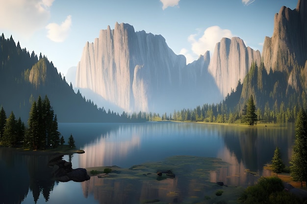 paisagem com lago árvores e montanhas ao fundo