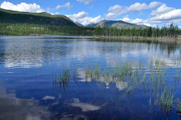 Paisagem com lago e montanhas ao longo das margens