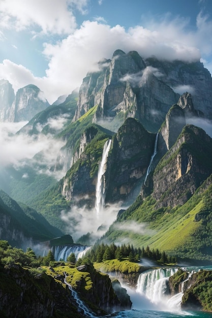 Foto paisagem com lago e montanhas