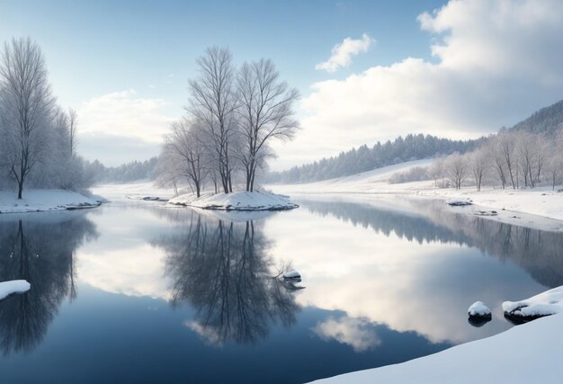 Paisagem com lago e neve