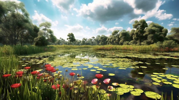 Paisagem com lagoa e flores de lótus no parque