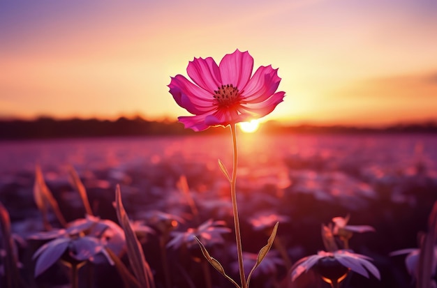 Paisagem com linda flor de rosa campo de flores e pôr-do-sol no fundo IA generativa