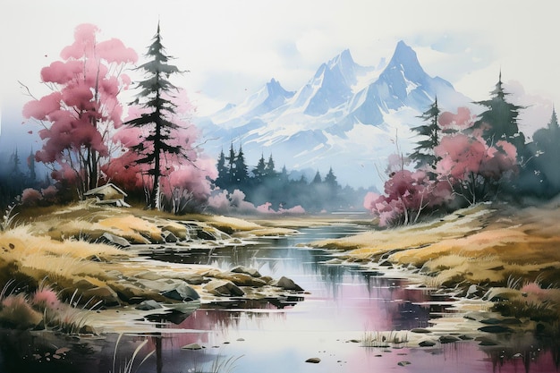 Paisagem com montanhas e rio Pintura digital em estilo aquarela
