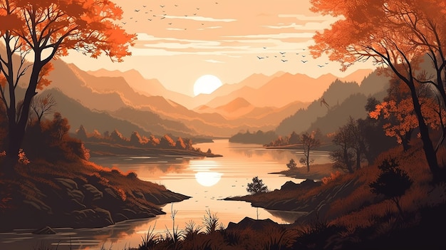 Paisagem com montanhas fluviais e floresta ao pôr do sol Ilustração em vetor