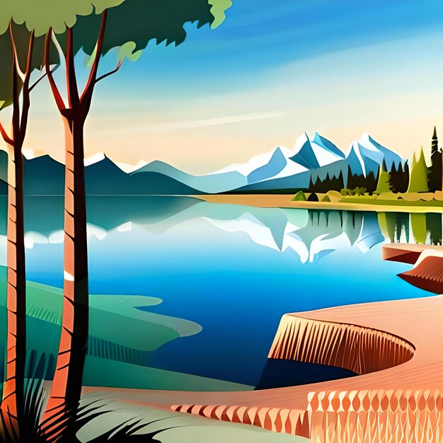 paisagem com montanhas lago árvores ilustração de esboço desenhado à mão