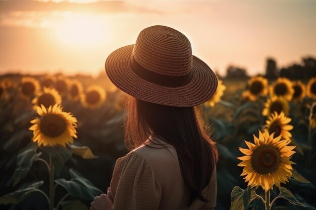 Paisagem com mulher com chapéu nas costas campo de girassol e céu Generative AI