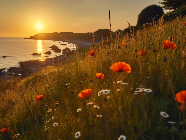 Paisagem com nascer do sol sobre o mar e o campo de papoulas Generative AI