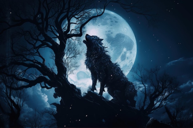 Paisagem com noite de lobo selvagem com árvore de lua cheia Generative AI