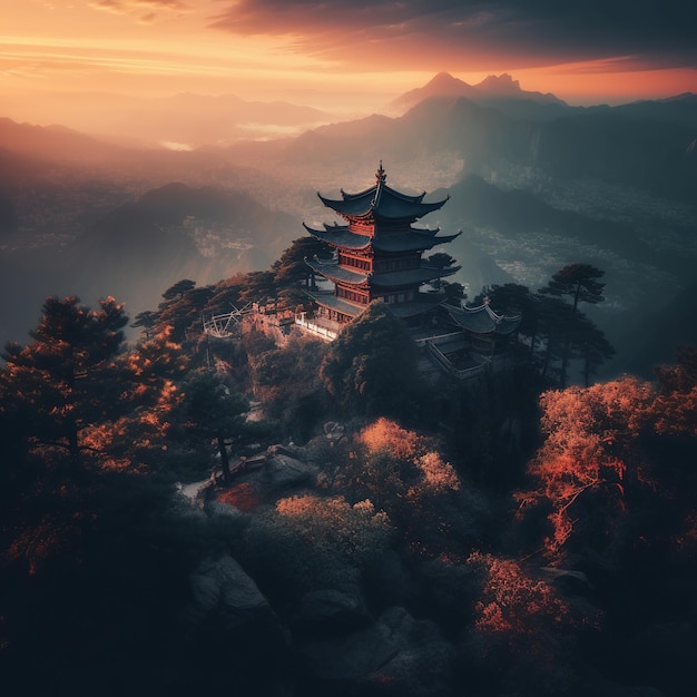 Paisagem com pagode nas montanhas ao pôr-do-sol