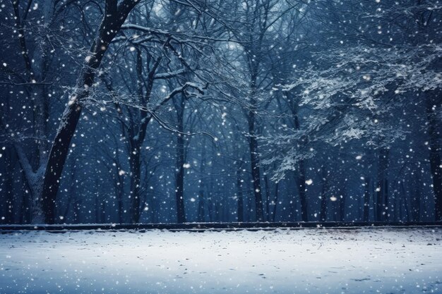 Paisagem com paisagem de inverno florestal com queda de neve no Pólo Norte IA generativa