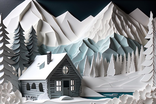Paisagem com pinheiros de cabana de madeira e montanhas congeladas em estilo de recorte de papel Generative AI