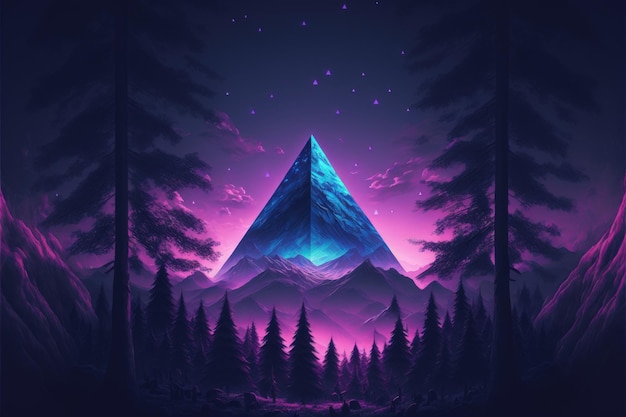 Paisagem com pirâmide de cristal roxa e montanhas ao fundo IA generativa