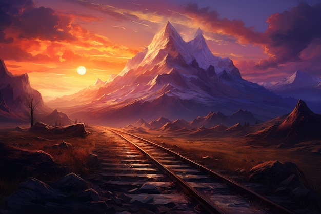 Paisagem com pôr-do-sol e montanhas de trilhas ferroviárias IA generativa