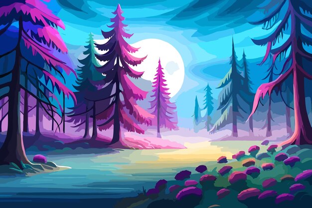 Paisagem com rio florestal e uma grande lua vetorial ilustração floresta surreal com pinheiros