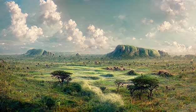 Paisagem com rochas de árvores verdes e um campo sob o céu azul africano nublado
