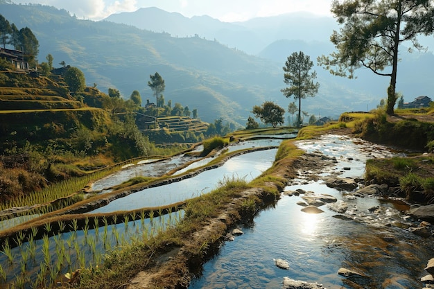 paisagem com terraços de arroz enquanto se enche de água