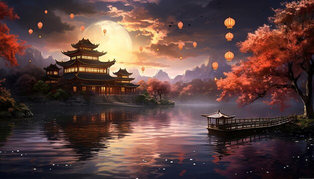 Foto paisagem com um pavilhão tradicional chinês com vista para um lago celebração do ano novo chinês