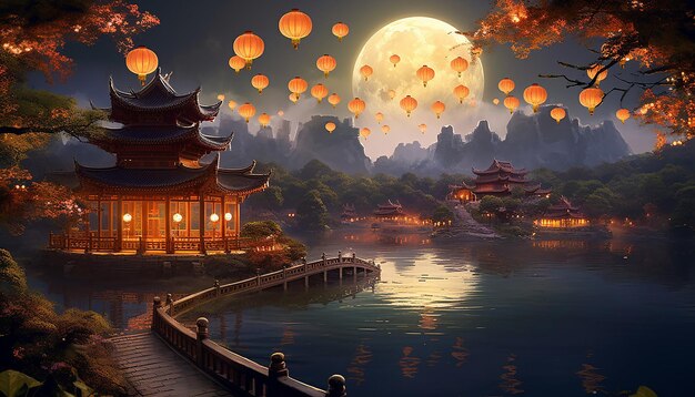 paisagem com um pavilhão tradicional chinês com vista para um lago celebração do ano novo chinês