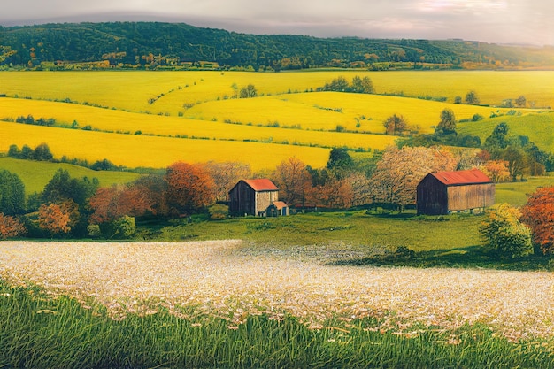 Paisagem com um prado verde em edifícios de madeira de tons amarelos sob a ilustração 3d do céu azul do outono