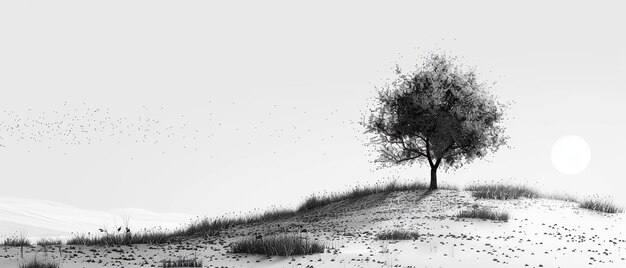 Paisagem com uma árvore solitária no meio do campo preto e branco