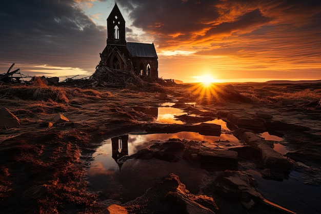 paisagem com uma igreja abandonada em ruínas solitárias ao pôr-do-sol