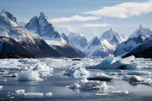 Paisagem congelante do fiorde com picos altos e geleiras ao fundo